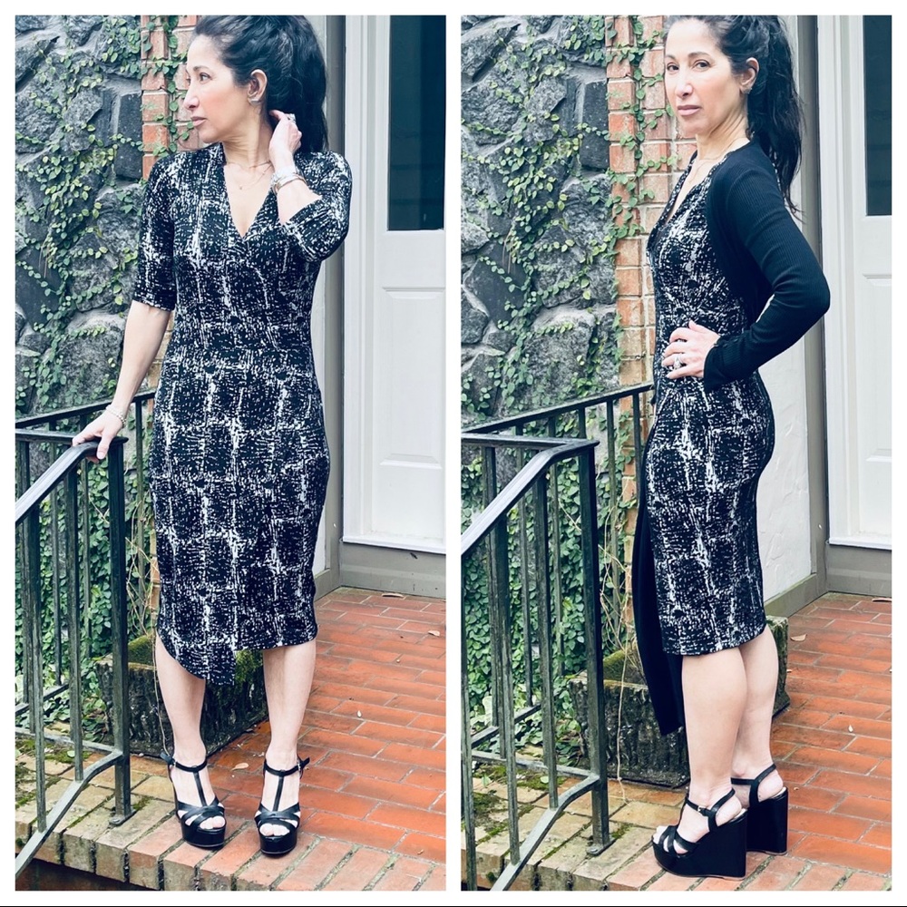 Stunning bodycom faux wrap midi dress